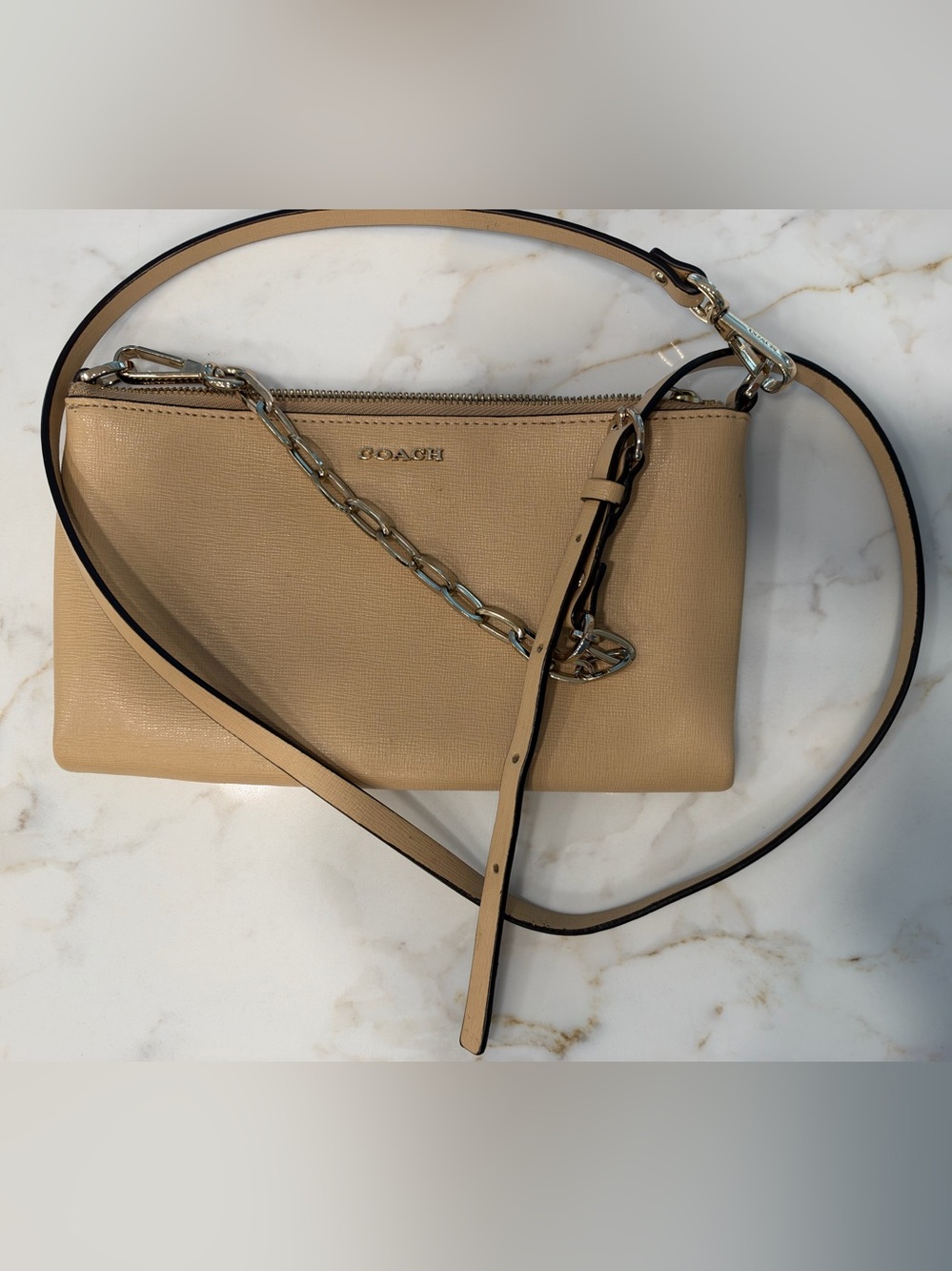 Coach Tan Leather Crossbody wallet on a chain, with removable strap.